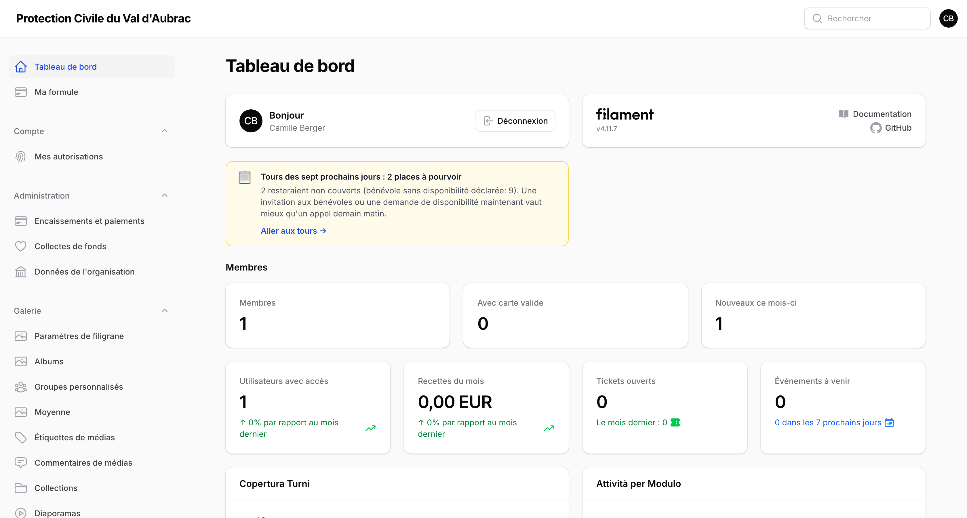 Le tableau de bord avec l'alerte de couverture
